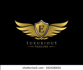 Luxury Wings Logo With E Letter. Elegant Gold Shield badge design for Royalty, Letter Stamp, Boutique,  Hotel, Heraldic, Jewelry, Automotive.