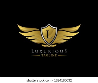 Luxury Wings Logo With L Letter. Elegant Gold Shield badge design for Royalty, Letter Stamp, Boutique,  Hotel, Heraldic, Jewelry, Automotive.