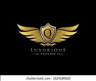 Luxury Wings Logo With Q Letter. Elegant Gold Shield badge design for Royalty, Letter Stamp, Boutique,  Hotel, Heraldic, Jewelry, Automotive.