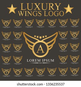 Luxury Wings Logo set with Heraldic crests and Flourishes Calligraphic Monogram design for Hotel, Spa, Restaurant, VIP, Fashion and Premium brand Wings identity. 