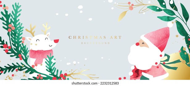Luxury winter art background vector illustration. Hand painted watercolor decorative reindeer and santa claus with winter botanical leaves. Design for print, decoration, poster, wallpaper, banner.
