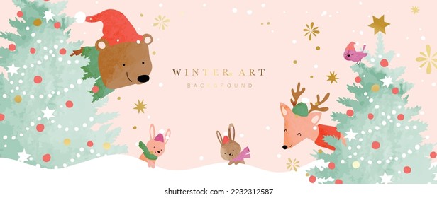 Luxury winter art background vector illustration. Hand painted watercolor decorative cute bear, deer, rabbits and bird with christmas trees. Design for print, decoration, poster, wallpaper, banner.