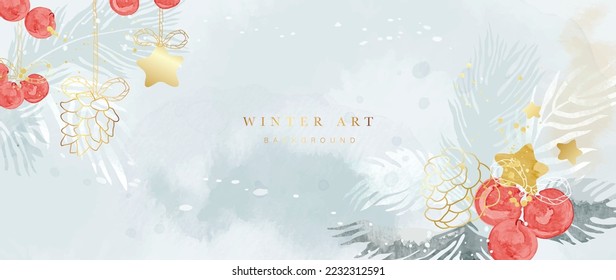 Luxury winter art background vector illustration. Hand painted watercolor decorative berry, pine cone, leaves, golden star, gold line art. Design for print, decoration, poster, wallpaper, banner.