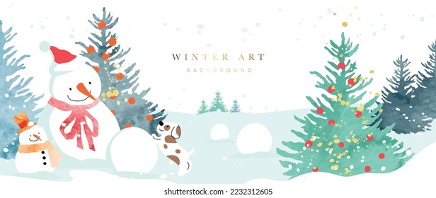 Ilustración vectorial de arte de invierno de lujo. Paisaje de invierno de acuarela pintada a mano, árboles de navidad decorativos, un lindo muñeco de nieve, perro. Diseño para impresión, decoración, afiche, papel pintado, banner.