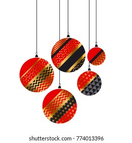 Luxury winter celebration element in red and gold color. Christmas bauble decoration in patchwork style. Vector illustration with new year balls for xmas card, invitation, surface design. 