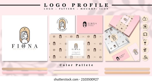 luxury woman head logo branding with pattern and icon set