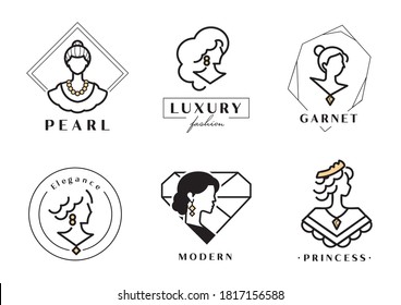 luxury woman logo with jewel,garnet,wavy long hair woman with earing,pearl and short hair princess with neckless and crown. 