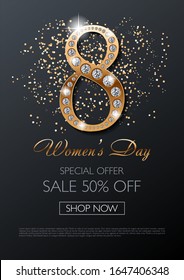 Luxury Womens Day Jewelry Sale special offer shop now poster, flyer, banner, invitation card template with golden digit 8 with diamonds on black background