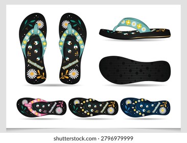 Luxury Women's Floral Flip Flops Vector Mockup Set with Daisy Blossom and Botanical Illustrations, Textured Anti-Slip Rubber Outsole, Multi-Angle Product Views, Elegant Color Variations and Custom Branding Template for Summer Beach Footwear Collection.