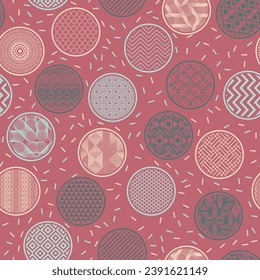 Luxury wrapping paper swatch vector endless pattern. Circular shapes with fantasy patterns inside. Arabic geometry in bubbles. Dotted texture background. Tea wrapper design.