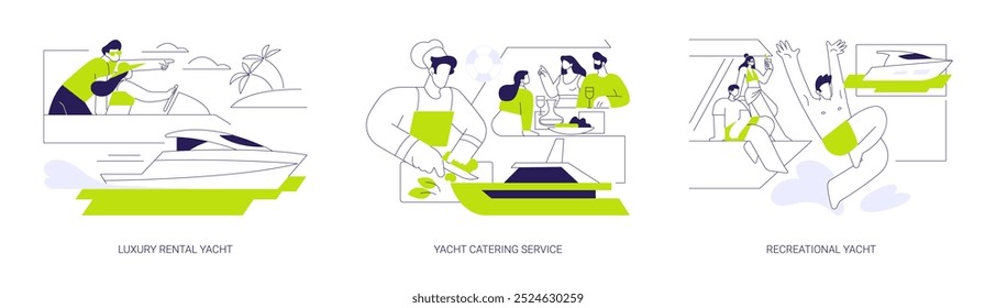 Luxury yacht abstract concept vector illustration set. Luxury rental yacht sailing, gourmet food catering service, recreational boat, water transport, happy vacation abstract metaphor.