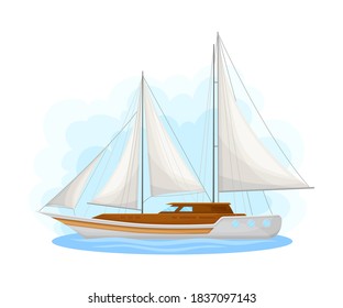 Luxury Yacht with Cabin and Sails as Water Transport Vector Illustration