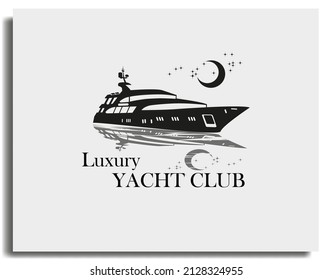 luxury yacht club with moon and reflection on the water sail boat ship logo template design vector