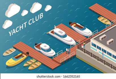 Luxus-Yachtklub-Segelboot- und Motorbootboote-Anlegeeinrichtungen Bau-Ecke Ozean-Blick isometrische Zusammensetzung Vektorillustration 