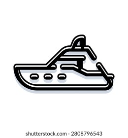 Luxury yacht icon, designed with a thick black outline and shadow, symbolizing affluent travel, comfort, and leisure on the open sea for exclusive private voyages