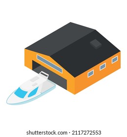Luxury yacht icon isometric vector. New white power boat near pavilion icon. High speed yacht, water transport