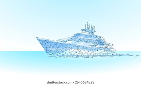 Luxury yacht illustration. Modern ship liner design. Sea travel leisure transport tourism. Light blue gradient background low poly vector