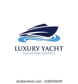 Luxury Yacht Logo Design with Minimalist Blue Yacht and Wave Sea Combination Design Concept.