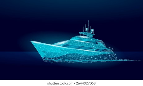 Luxury yacht low poly illustration. Modern boat graphic polygon art. Travel tourism maritime industry business concept. Blue dark background polygonal vector