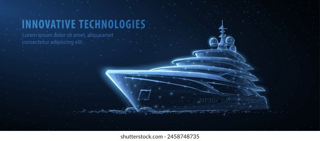 Luxury yacht. Motorboat craft, Marine transport, Modern ship, Super yacht, Digital innovation, Ocean travel, Wealth charter concept. Abstract 3D vector illustration