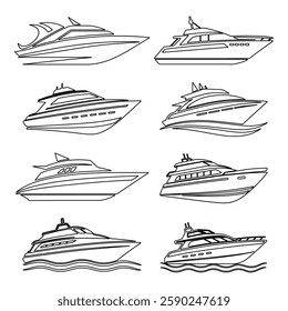 Luxury Yacht Outline Vector Set, Modern Boat Line Art Collection