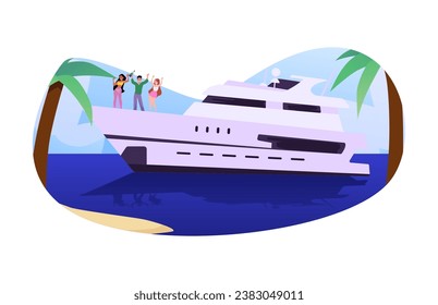 Luxury yacht with people living a luxurious and carefree lifestyle of the rich, flat vector illustration isolated on background. Vacation on cruise yacht.