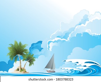 Luxury yacht sailing to remote desert island with high ocean waves set against a blue cloudy sky