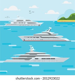 luxury yacht at sea for banner design, children's book cover, yacht flat design set