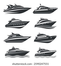 Luxury yacht vector set, modern motorboat silhouettes, elegant ship illustrations, ocean travel icons, black and white speedboat clipart, nautical marine design, high-quality vessel art