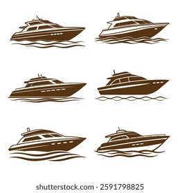 Luxury yacht vector set, modern motorboat silhouettes, elegant ship illustrations, ocean travel icons, black and white speedboat clipart, nautical marine design, high-quality vessel art