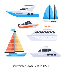 Luxury yachts, Motorboat and sailboats set. Sail vessel. Various types of water transport