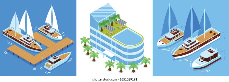 Luxury yachts sailing boats and club building isometric design concept 3d isolated vector illustration 