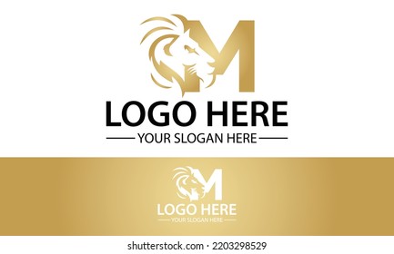 Luxury Yellow Color Initial Letter M Negative Space Lion Face Logo Design	