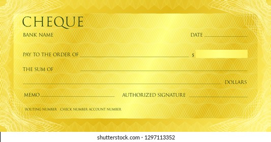 Luxury yellow gold cheque template with vintage guilloche. Check with abstract watermark, border. Gold background for banknote, money design, bank note, voucher, gift certificate, coupon, currency