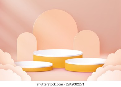 Luxury Yellow Podium. Abstract scene background. Product presentation, mock up, show cosmetic product, Blank Podium, stage pedestal or platform. 3D Vector.