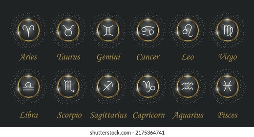 Luxury zodiac sings  set with captions. Horoscope and astrology symbols icons in golden round frames with shine and sparkles on black background. Vector illustration.