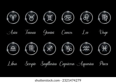 Luxury zodiac sings  set with captions. Horoscope and astrology symbols icons in silver round frames with shine and sparkles on black background. Vector illustration.