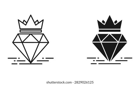 A luxury-themed vector icon set featuring a brilliant diamond topped with a crown. This set includes both a refined line art version and a bold solid black silhouette version perfect for branding jewelry stores and premium product design.