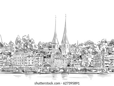 Luzern. Switzerland. Europe. Hand drawn vector illustration.