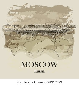 LUZHNIKI STADIUM, MOSCOW, RUSSIA: Panoramic view to the Luzhniki sport stadium from the observation deck near Moscow University. Hand drawn sketch