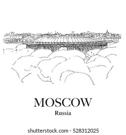 LUZHNIKI STADIUM, MOSCOW, RUSSIA: Panoramic view to the Luzhniki sport stadium from the observation deck near Moscow University. Hand drawn sketch