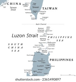 Estrecho de Luzón, mapa político gris. Estrecho entre Luzón y Taiwán, que conecta el Mar de Filipinas con el Mar de China Meridional en el Océano Pacífico occidental. Cuerpo importante de agua para el envío y las comunicaciones.