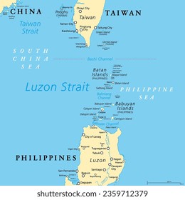 Estrecho de Luzón, mapa político. Estrecho entre Luzón y Taiwán, que conecta el Mar de Filipinas con el Mar de China Meridional en el Océano Pacífico occidental. Cuerpo importante de agua para el transporte marítimo y las comunicaciones