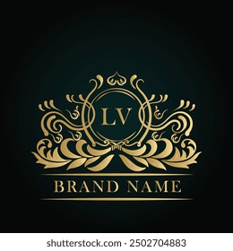 LV golden letter logo. LV logo initial Luxury ornament emblem. Golden template for cafe, bars, boutiques, invitations. Logo for business. Vintage elements.