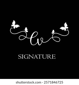 LV Handwritten initial letter, LV simple signature vector logo with butterfly shape variation, beauty, photography letter logo design. L V