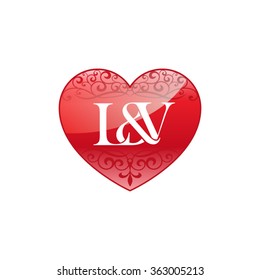 L&V initial letter couple logo with ornament heart shape