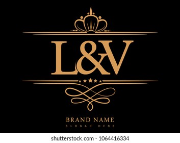 L&V Initial logo, Ampersand initial logo gold with crown and classic pattern