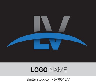 LV initial logo company name colored grey and blue swoosh design.