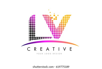 LV L V Dots Letter Logo Design with Magenta Bubble Circles and Swoosh