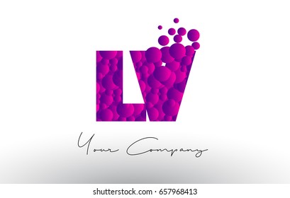 LV L V Dots Letter Logo with Purple Pink Magenta Bubbles Texture Vector.